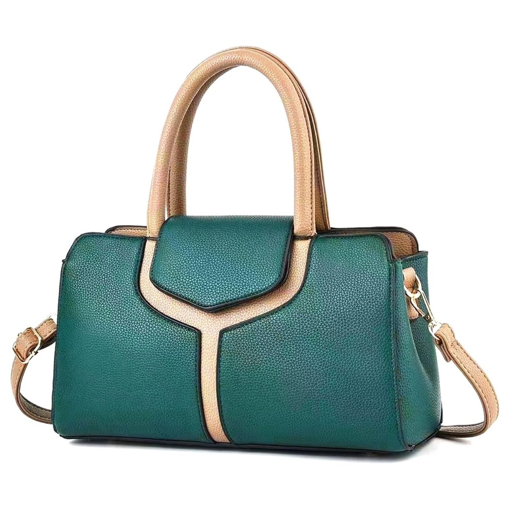 Elegant Green and Tan vegan leather handbag satchel